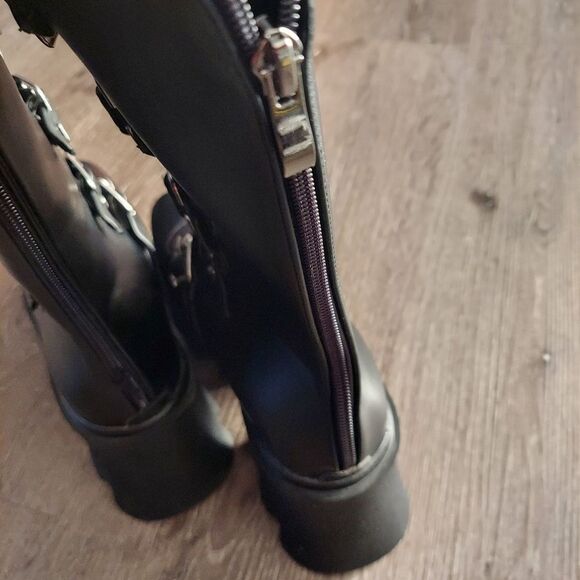 Women's Goth Punk Boots Platform Combat Belt Buckle Studded Mid Calf Chunky Boot - Picture 6 of 9